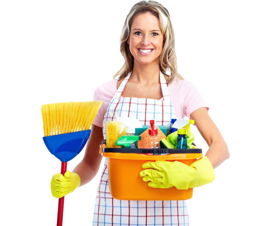 A woman holding a cleaning supplies bucket and mop.
