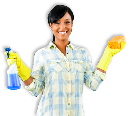 A woman holding two cleaning supplies and posing for the camera.