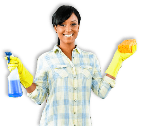 A woman holding two cleaning supplies and posing for the camera.