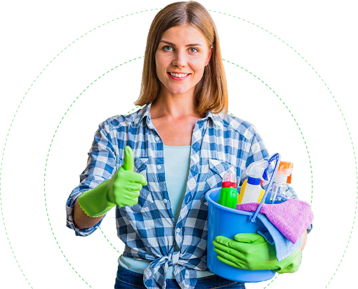 A woman holding a bucket of cleaning supplies.