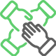 A green and gray cross with two hands holding each other.