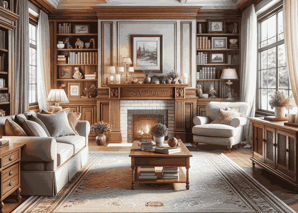 A living room with a fireplace and bookcases